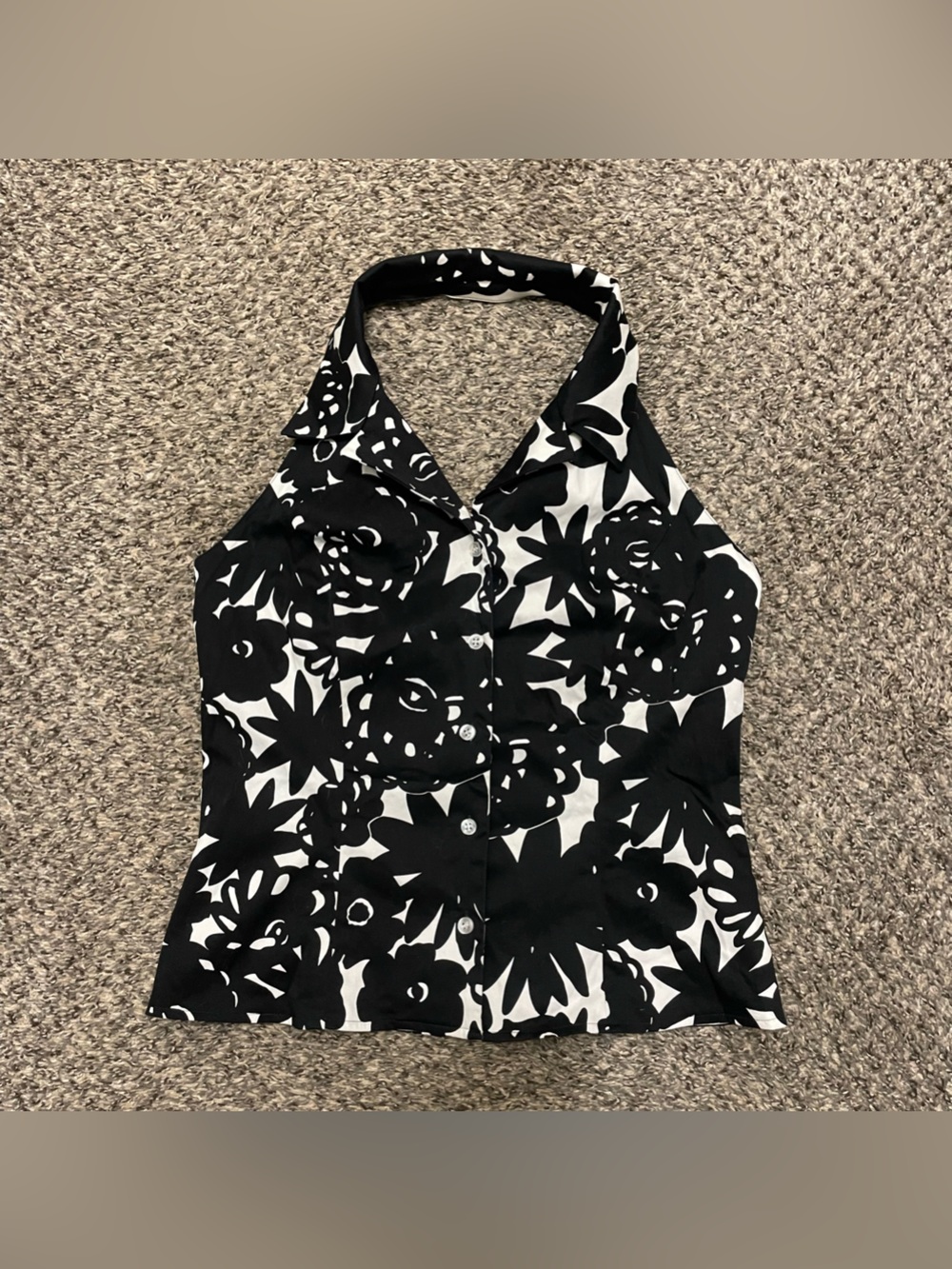 Floral Black White Halter Top Summer Classic Style Size 12 Women’s Medium